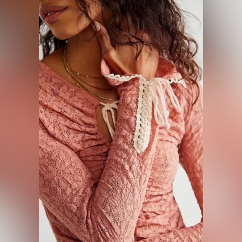 Free People Lilah Lace Crochet Tie Scrunch Long Sleeve Top - Pink - Size XS